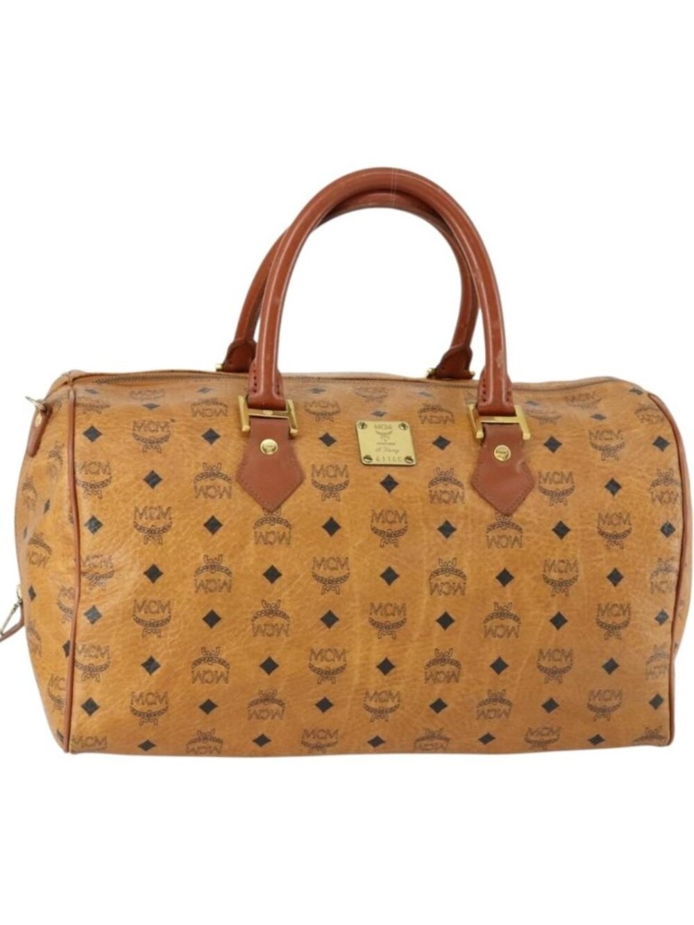 MCM Logogram Vicetos Boston Bag PVC Leather Brown Gold
